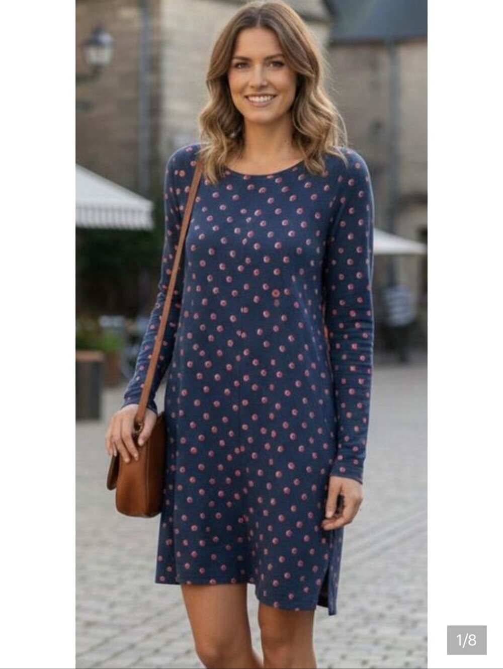 Boden Women 12 Navy Blue with Pink Shadow Polka Dots Pockets Mini Tunic Dress
